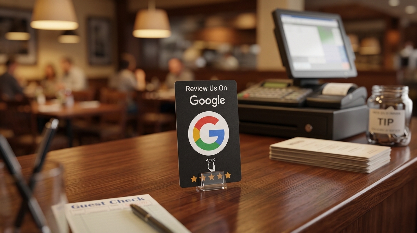 Google Omdömeskort på en disk i en restaurang